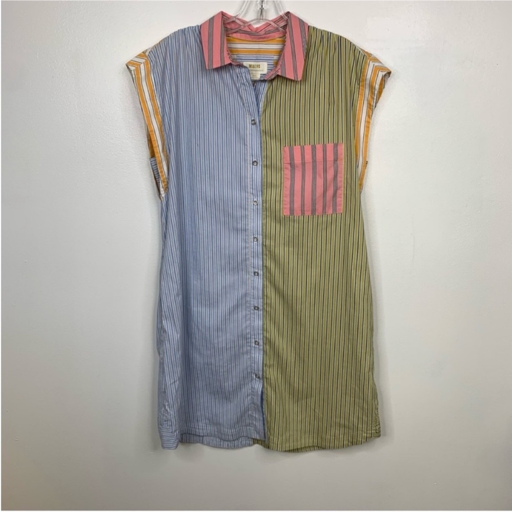 Maeve Multicolor Striped Button-Down Shirt Dress in Blue, Olive & Pink - Picture 2 of 8